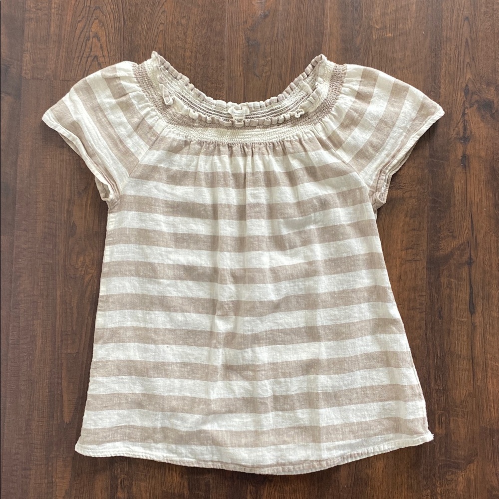 Beach Lunch Lounge Beige & Cream Striped Linen Cotton Top On Or Off Shoulder XS